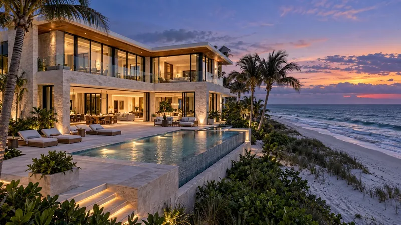 Oceanfront home with an infinity pool and terraces at sunset