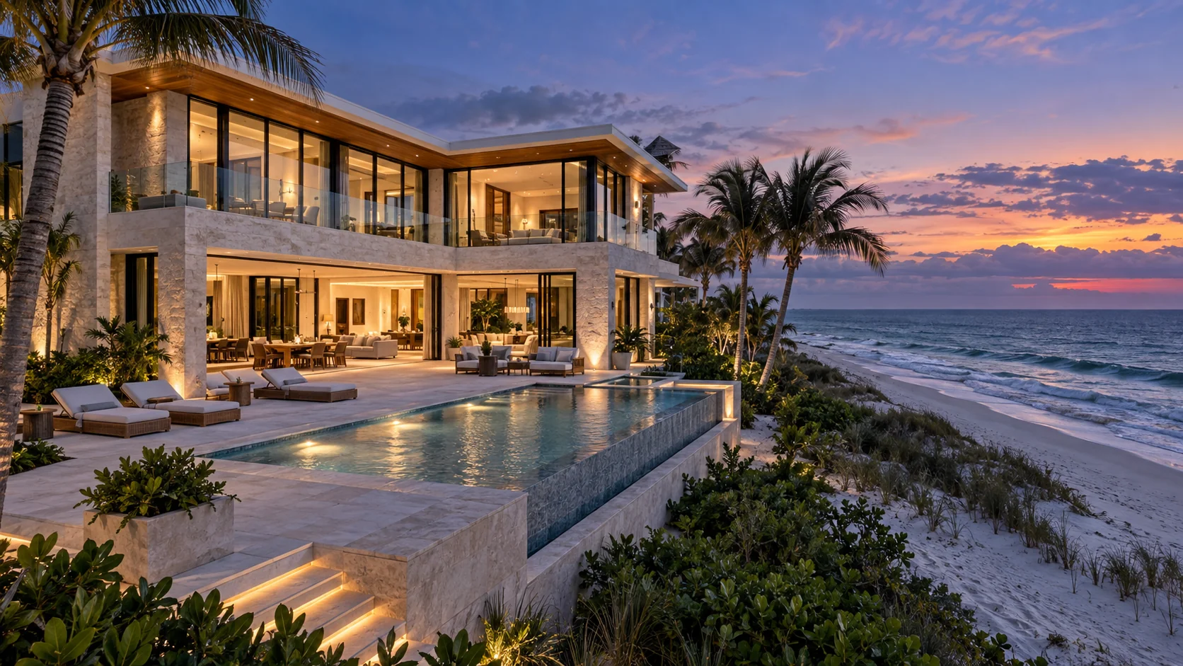 Modern oceanfront house, infinity pool and palm trees at sunset