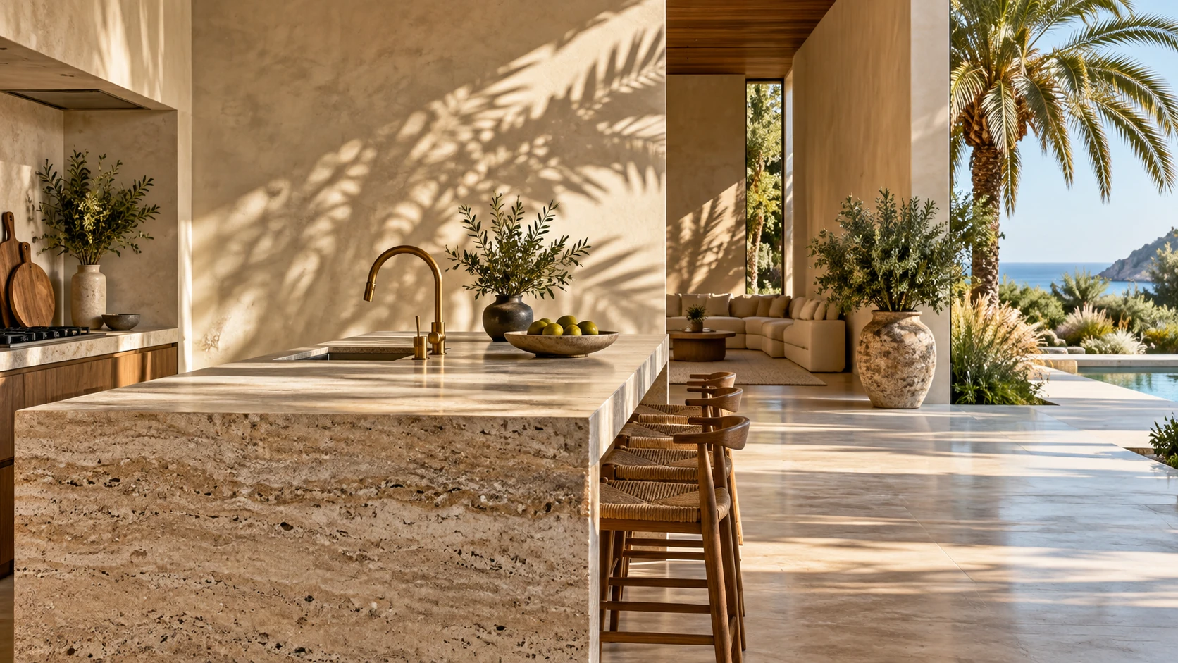 Illustrative close architectural view of travertine, a brass faucet and palm shadows in a bright kitchen