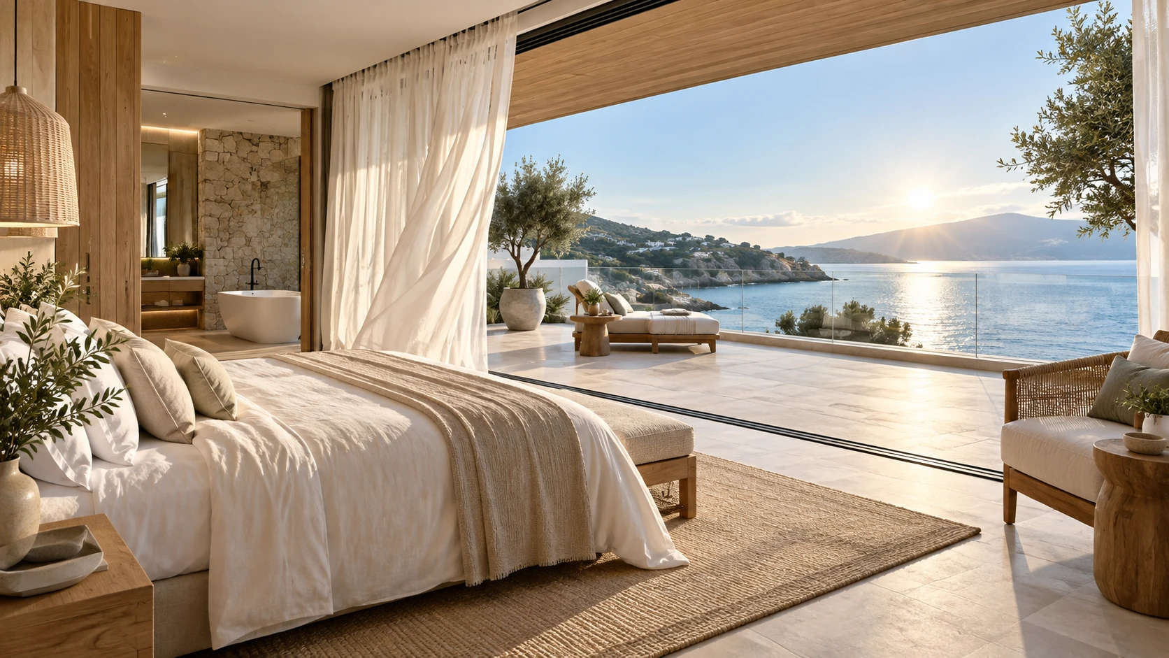 Illustrative coastal bedroom suite with linen curtains, oak finishes and a water view