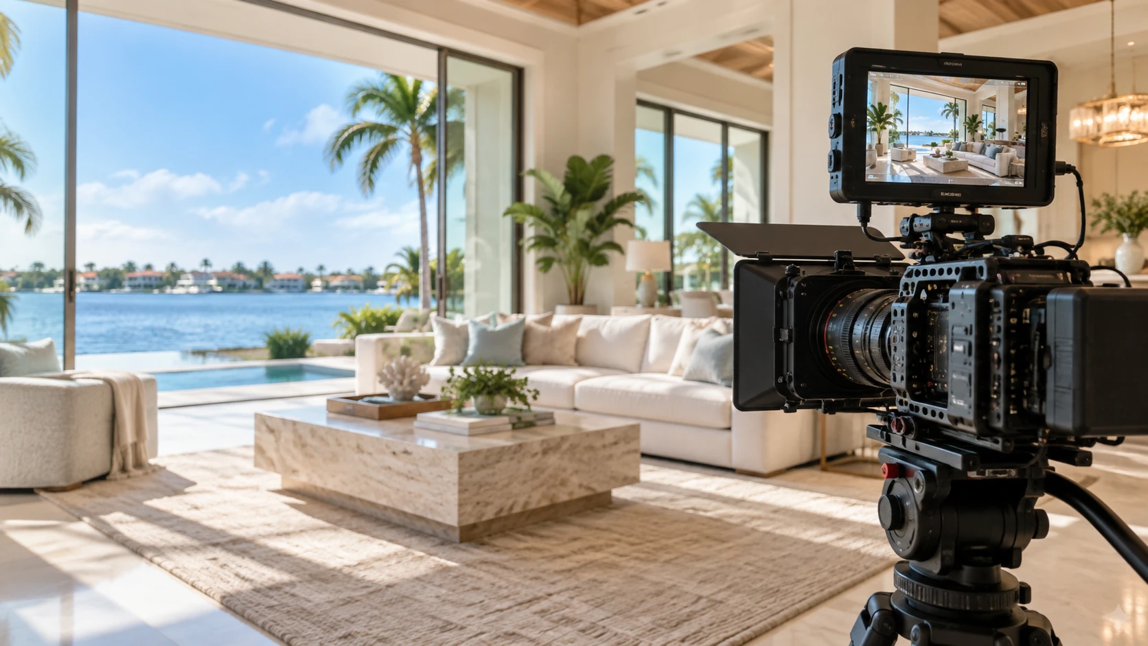 Illustrative close view of a professional cinema camera filming a luxury home interior