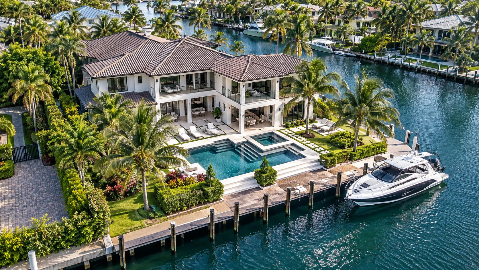 Illustrative aerial view of a waterfront Florida home, pool, dock and landscaped lot