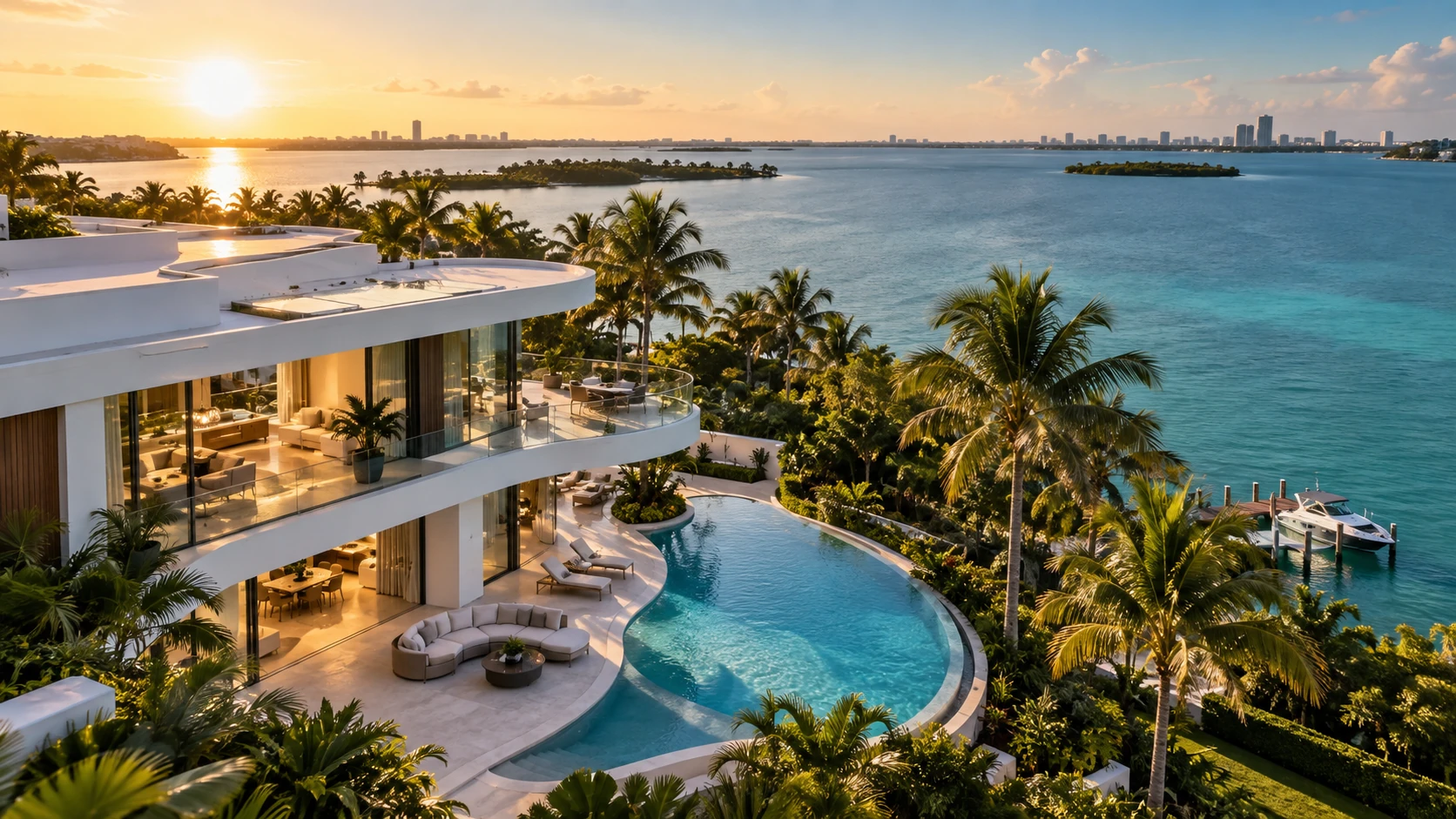 Illustrative elevated coastal view of a modern Florida home and curved pool beside the bay