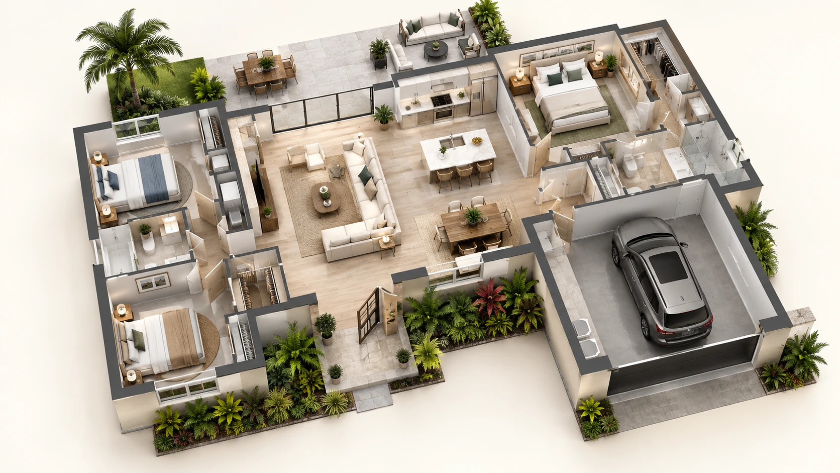 Illustrative three dimensional cutaway floor plan with furnished rooms and raised walls