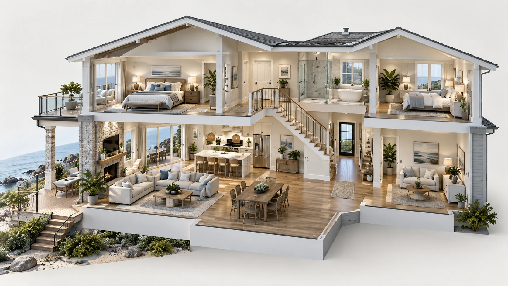 Illustrative dollhouse cutaway of a two story home with connected rooms and staircase