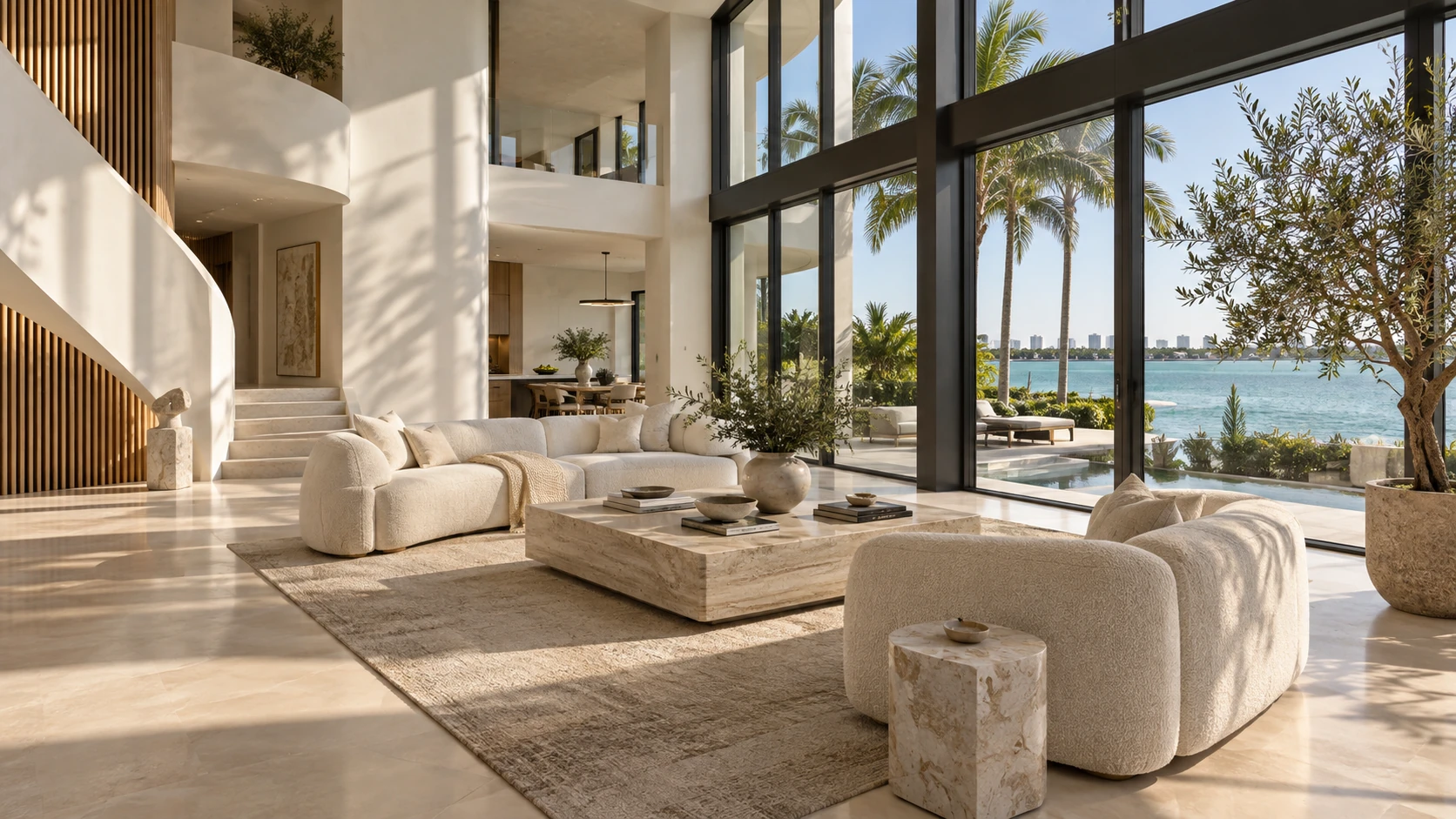 Illustrative coastal living room with sculptural ivory walls, curved sofas, travertine furniture and a broad bay view