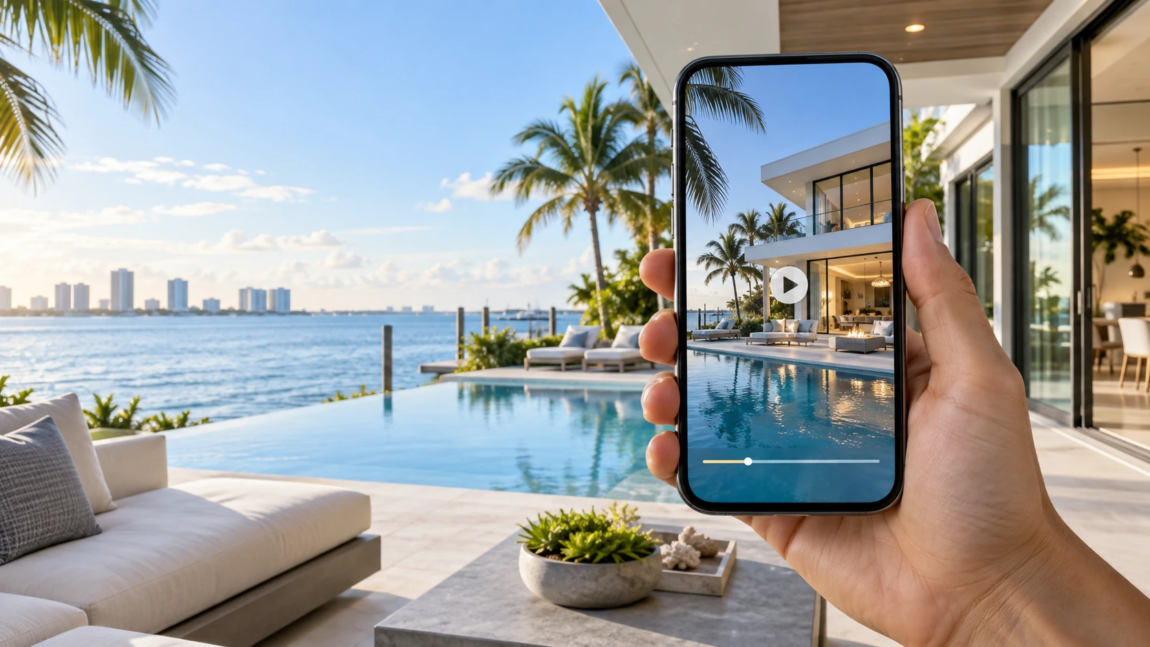 Illustrative hand holding a phone displaying a luxury property video
