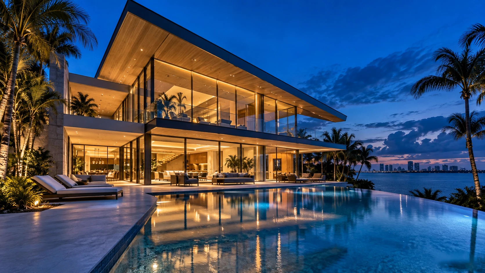 Illustrative twilight exterior of a lit modern Florida villa with pool reflections