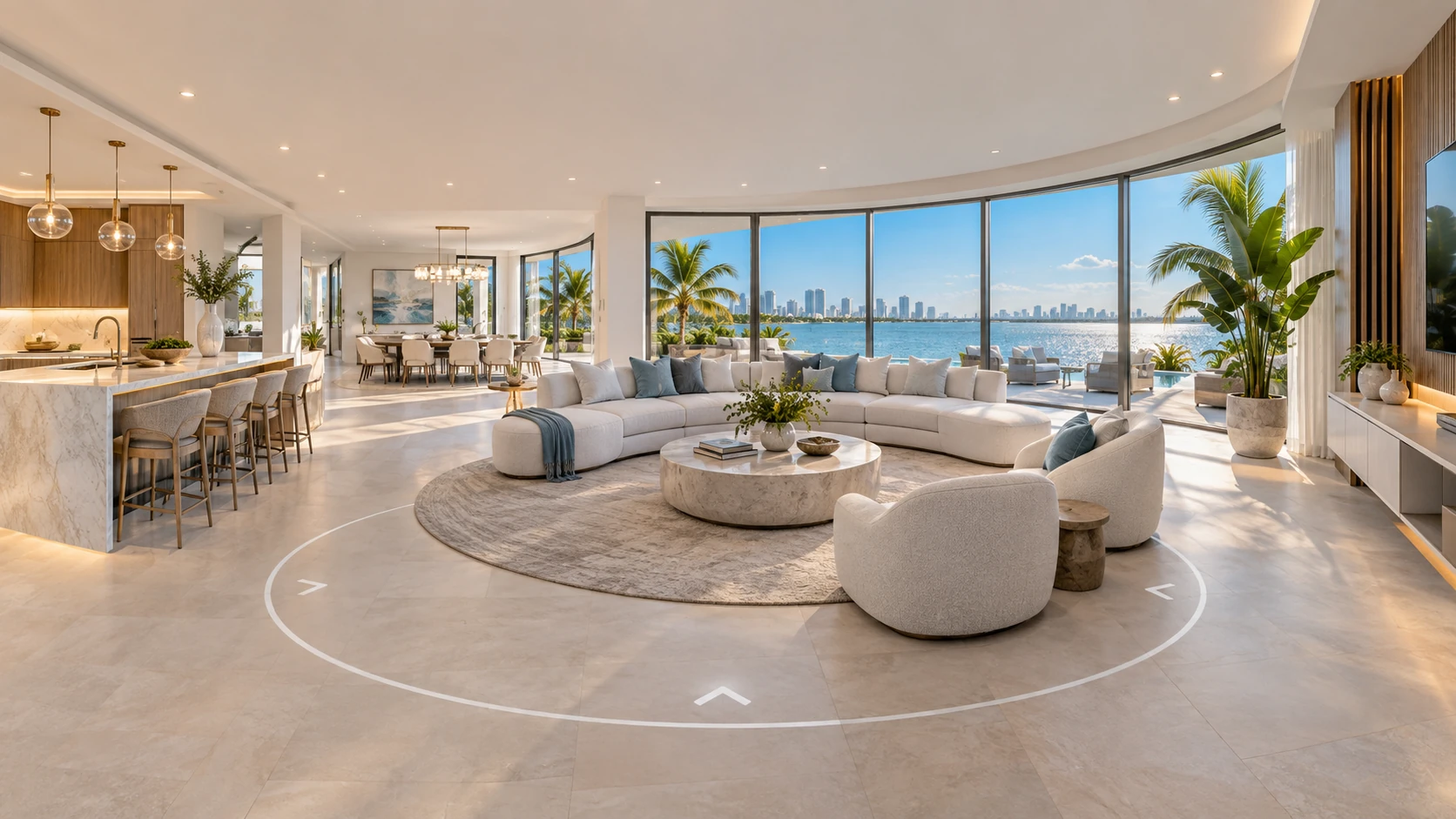 Illustrative wide interior view connecting a living room, kitchen and hallway for a virtual tour