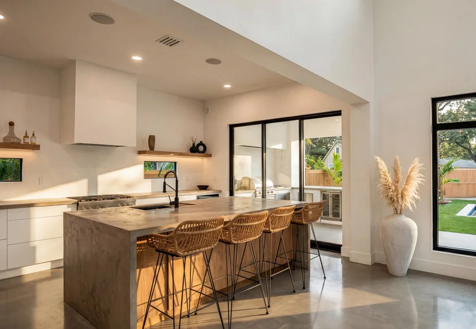 Contemporary kitchen with a waterfall island and woven bar stools